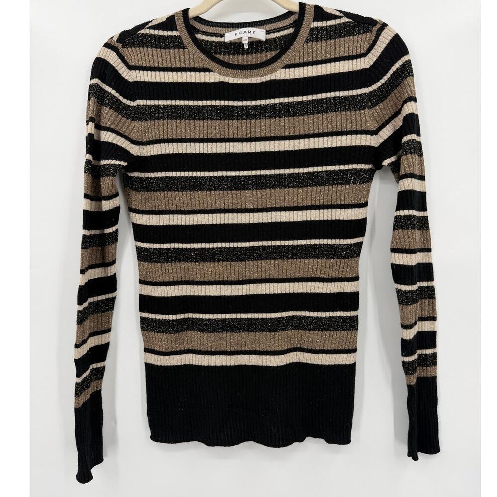 FRAME Panel Stripe Metallic Rib Knit Sweater Black Tan Medium - Picture 3 of 8